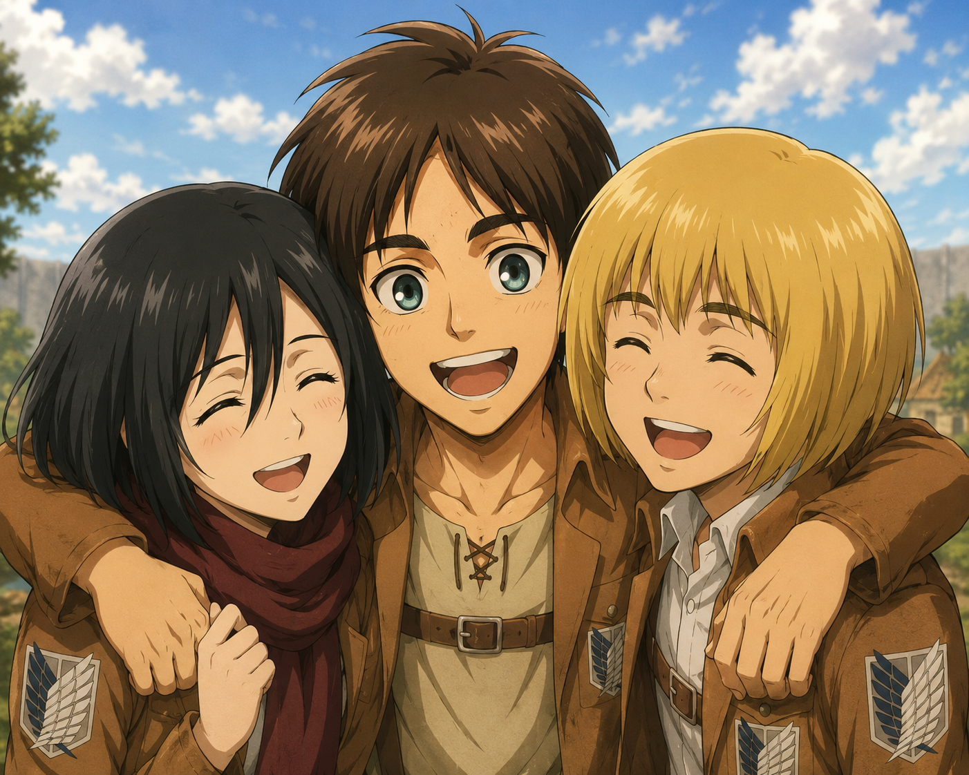 Attack on Titan-inspired image of Eren, Mikasa, and Armin smiling together