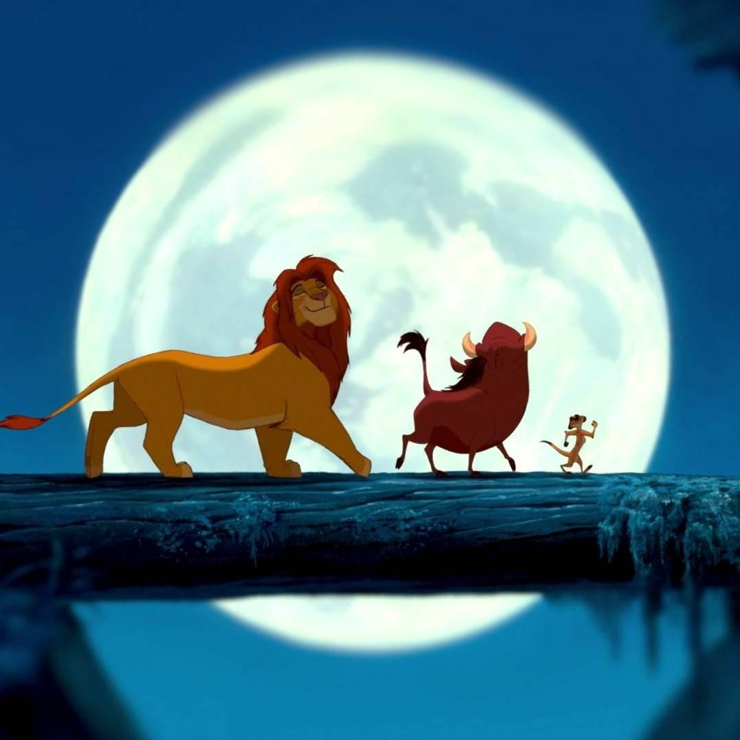 Simba walking with Timon and Pumbaa under the moon