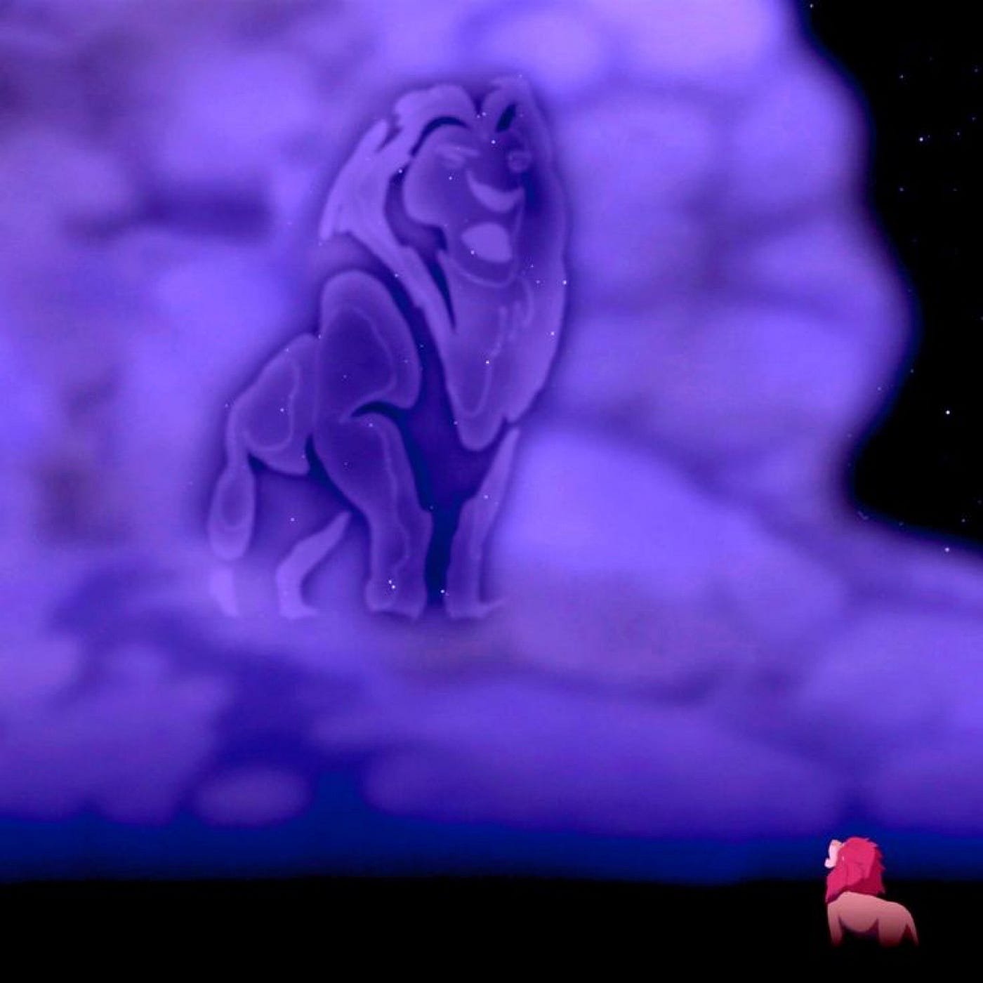Simba looking at Mufasa in the clouds