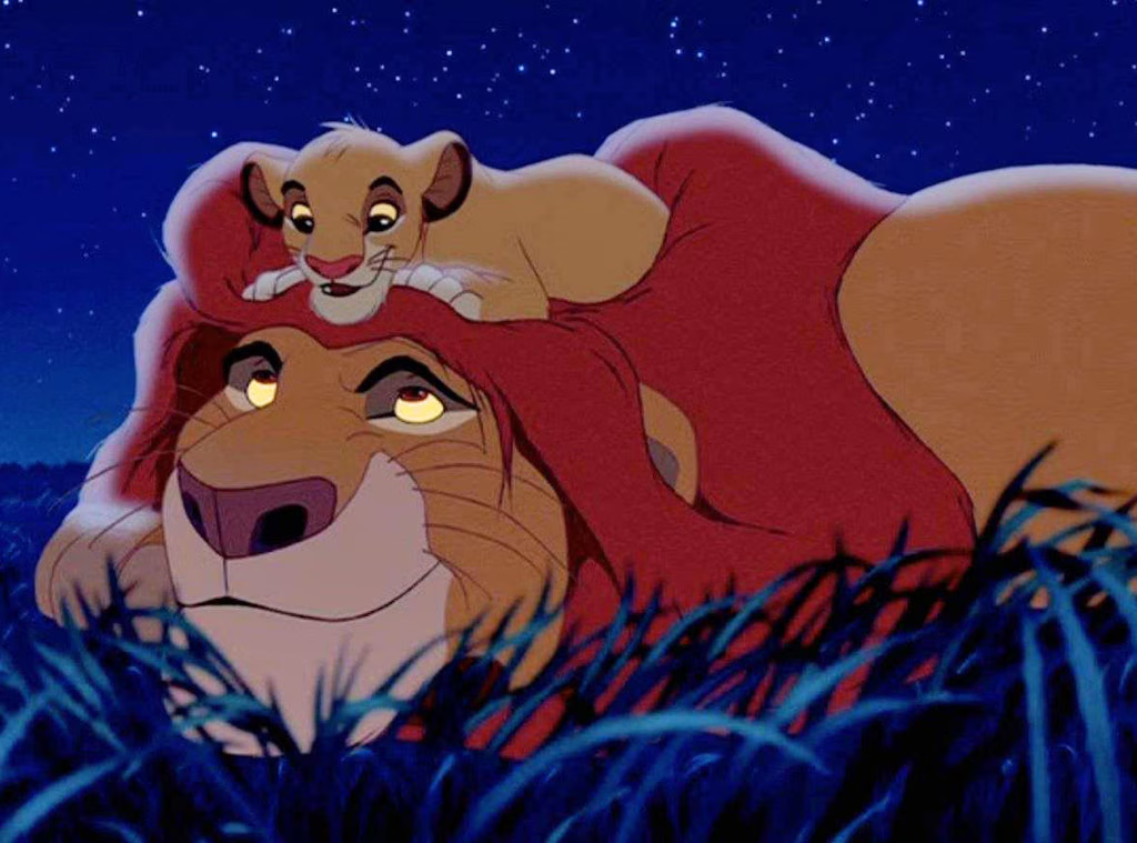 Young Simba resting on Mufasa under a night sky